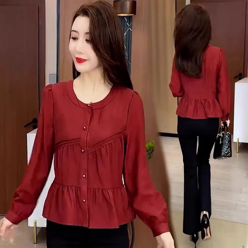 洋气设计感捏褶长袖衬衫女宽松韩版甜美衬衣2025早秋薄款漂亮小衫