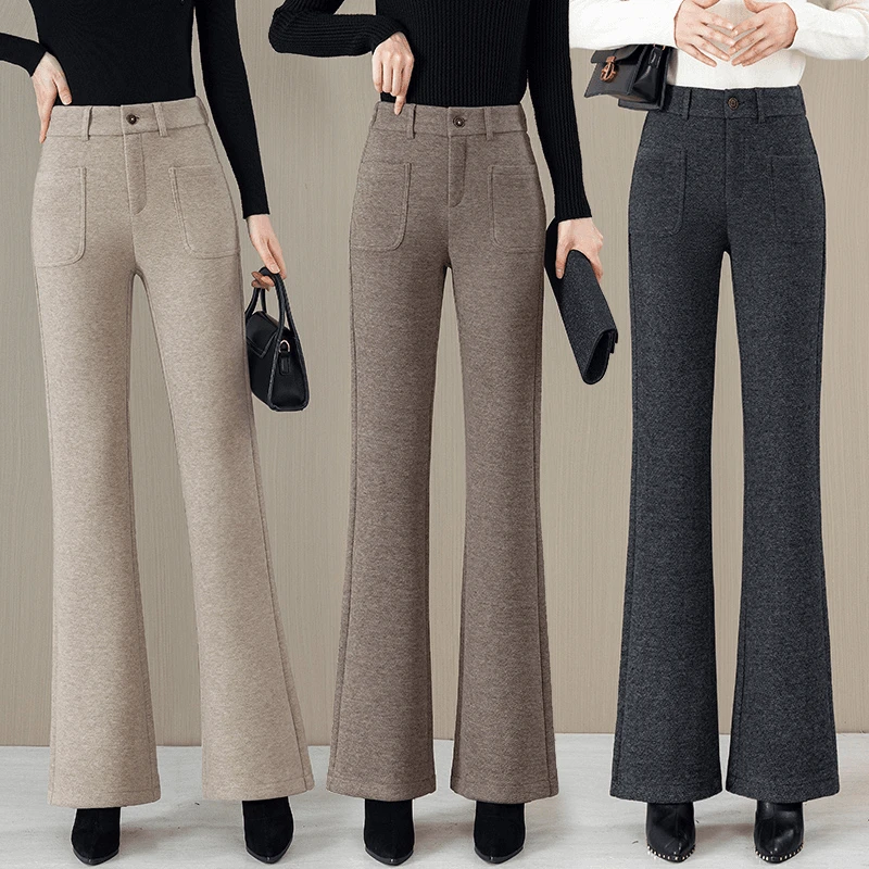 高腰毛呢微喇裤女春秋冬2024新款羊毛显瘦垂感直筒喇叭裤冬季百搭