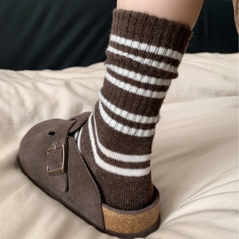 咖色羊毛袜子女加厚冬季条纹羊绒堆堆袜美拉德色系中筒袜秋冬长袜