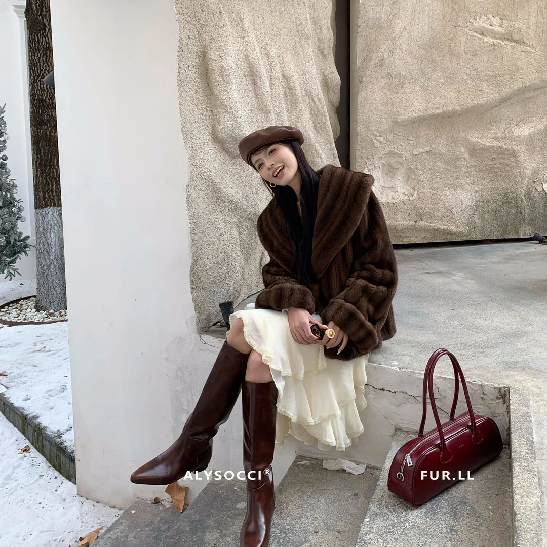 SOCCI速喜「情书」南瓜袖大翻领抽刀工艺小母貂短二紫标天鹅绒水貂