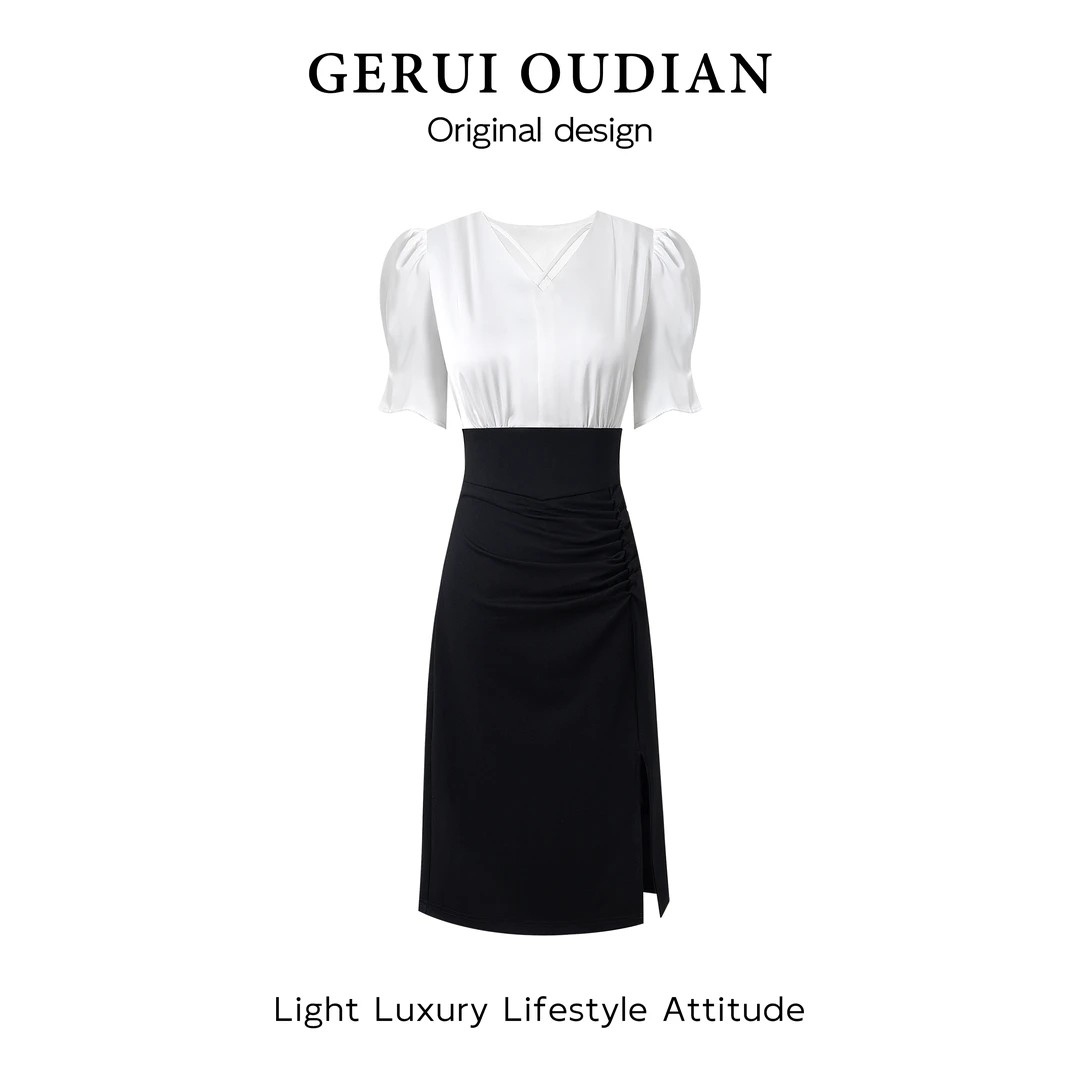 GERUIOUDIAN/格芮欧典夏季新款V领连衣裙遮肚显瘦轻熟风开叉高腰