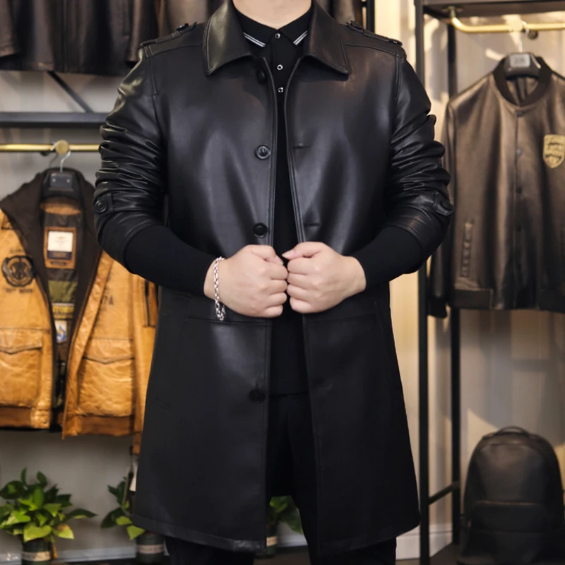 海宁2023春秋新款头层绵羊皮男士皮衣中长款休闲商务经典真皮风衣