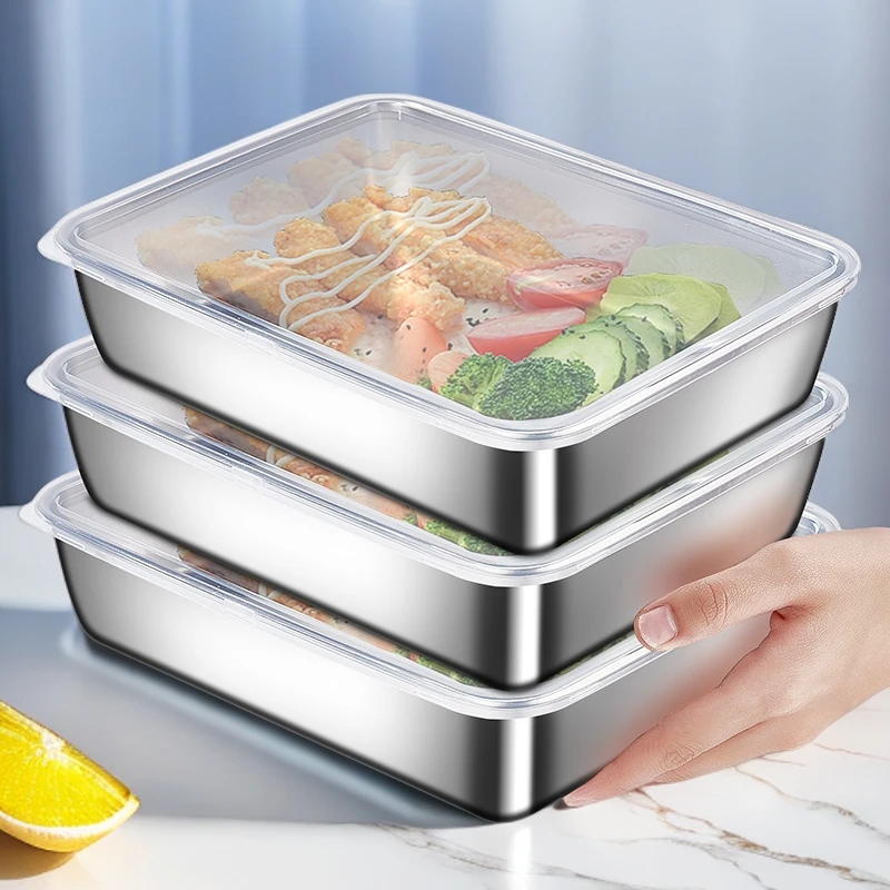 【4个装/带盖】不锈钢盘带盖保鲜盒冰箱收纳盒家用盆凉皮食物收纳盒