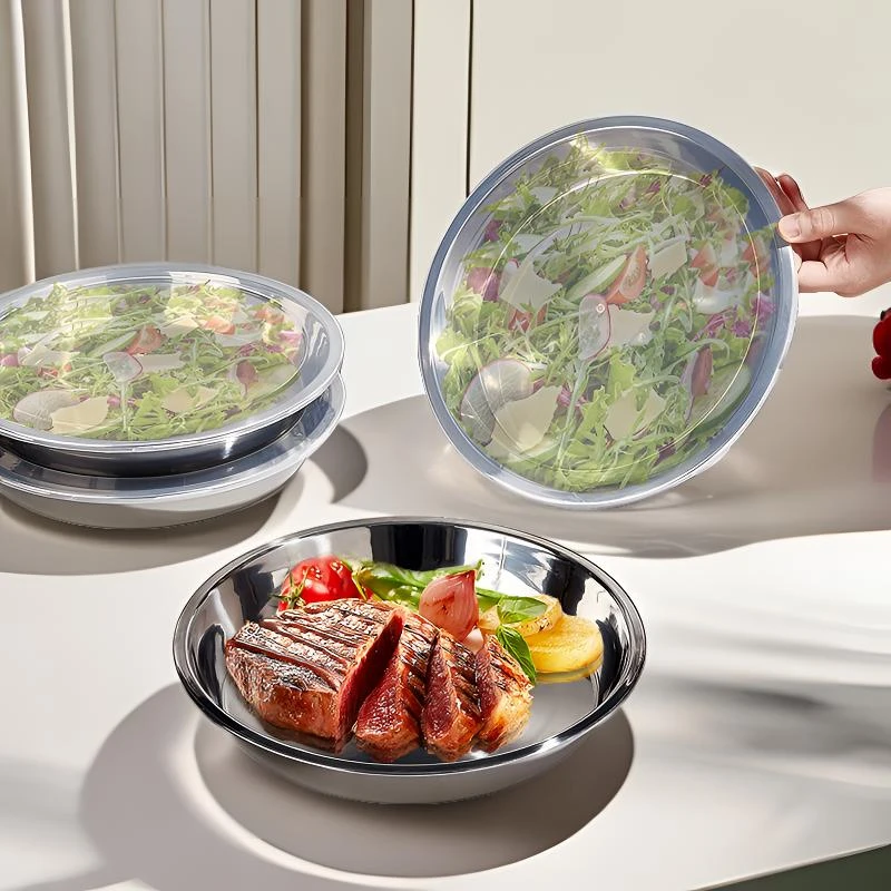 足尺【2个圆盘带盖】28CM不锈钢收纳盒带盖圆形保鲜盒 家庭收纳用具
