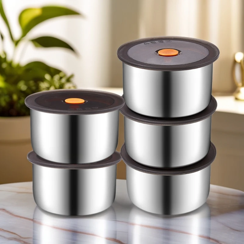 【5个圆盒带盖】不锈钢收纳盒带盖冰箱冷冻盒 保鲜盒家庭食物收纳盒