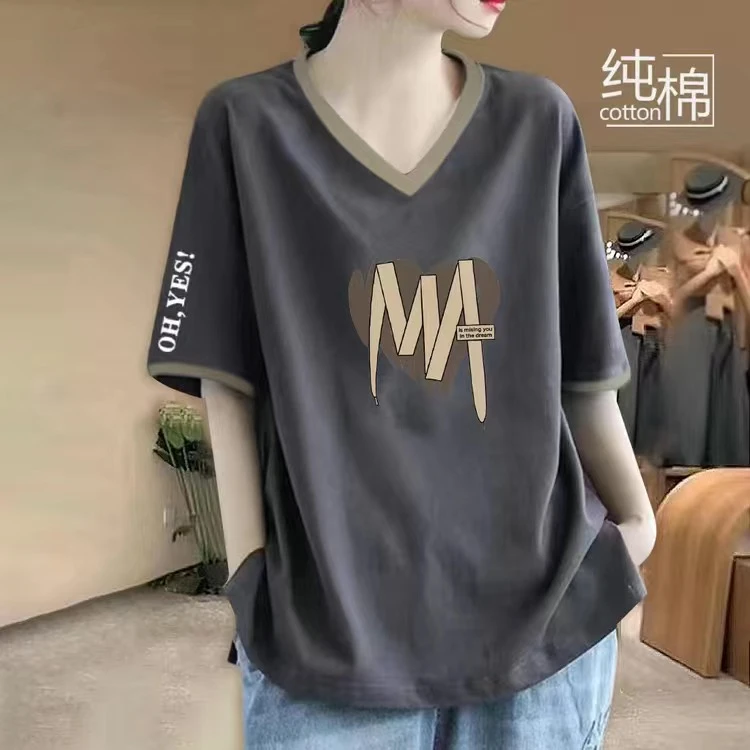 大码v领短袖t恤女纯棉宽松休闲夏装韩版拼接百搭女士减龄洋气上衣