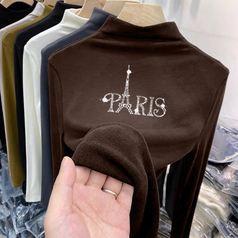 德绒半高领打底衫女士秋冬2023新款镶钻长袖t恤内搭保暖磨毛上衣