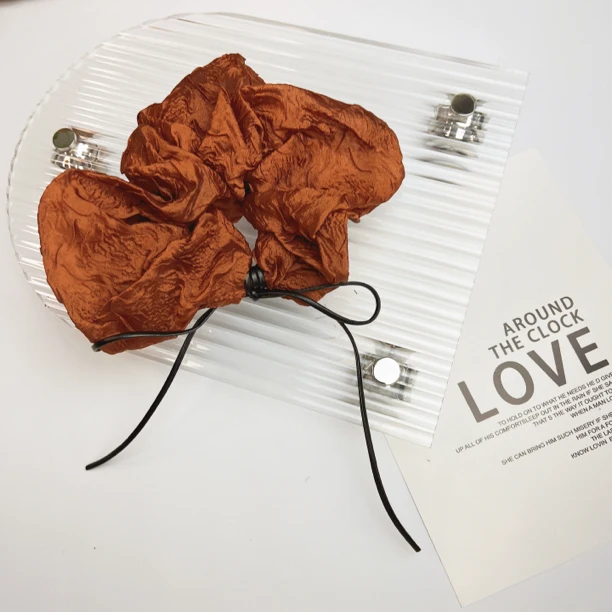 FQ019复古皮质蝴蝶结焦糖色肠圈韩版时尚百搭简约发圈头绳发绳