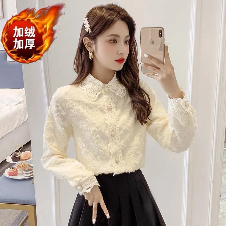长袖秋冬装韩版气质内搭加绒加厚洋气打显瘦衬衣白色时尚蕾丝百搭