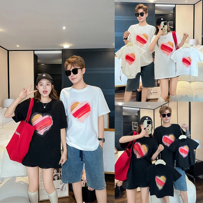 2025新款一家三口爱心短袖夏季大码圆领亲子装夏装时尚婴童连体