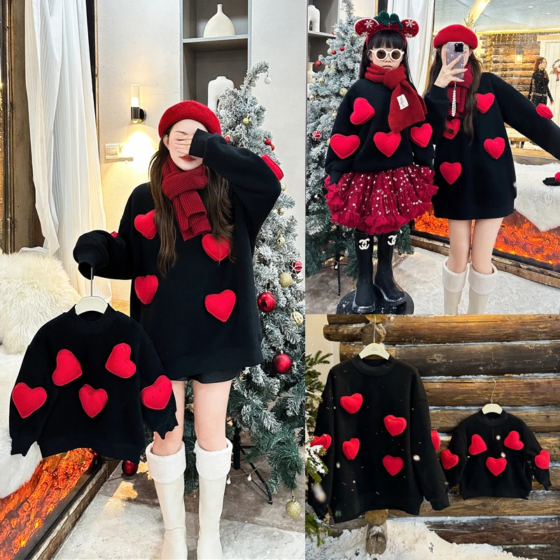 2025亲子装新款冬装加绒加厚立体爱心一家三卫衣长袖爬服婴儿9909