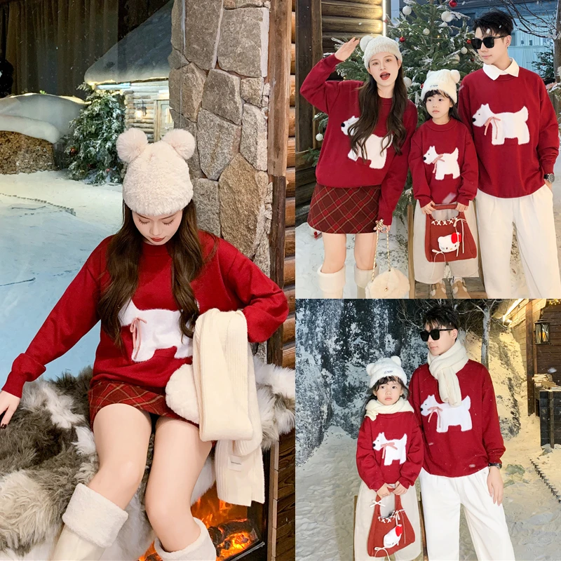 2025新款节日小马加厚毛衣红色过年针织衫亲子装一家三口9916