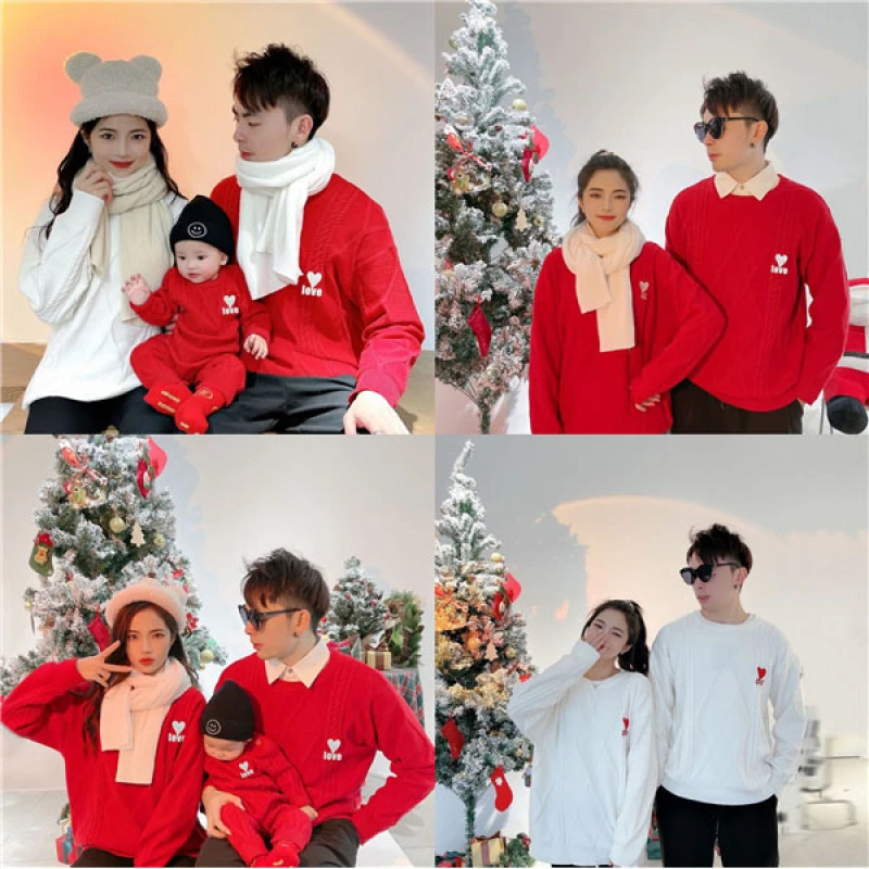 加厚婴儿爬服秋冬装新款一家三口全家装母子母女爱心毛衣 8009