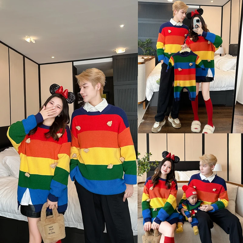 亲子装2024冬季新款全家装母女母子一家三口彩虹小熊毛衣5018