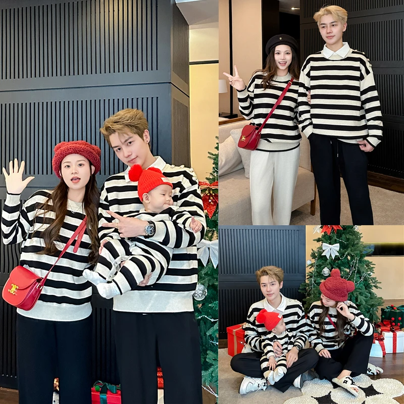 亲子装毛衣2024秋冬新款肩扣条纹套头毛衣一家三口四口2008针织衫