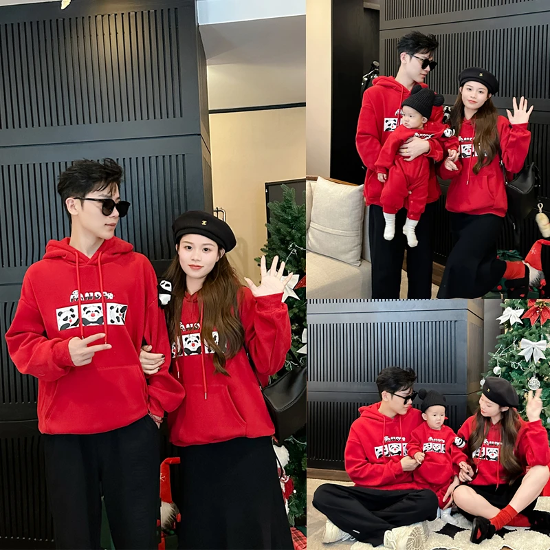 9361亲子装新款秋冬装一家三口加绒卫衣长袖婴儿红色过年服