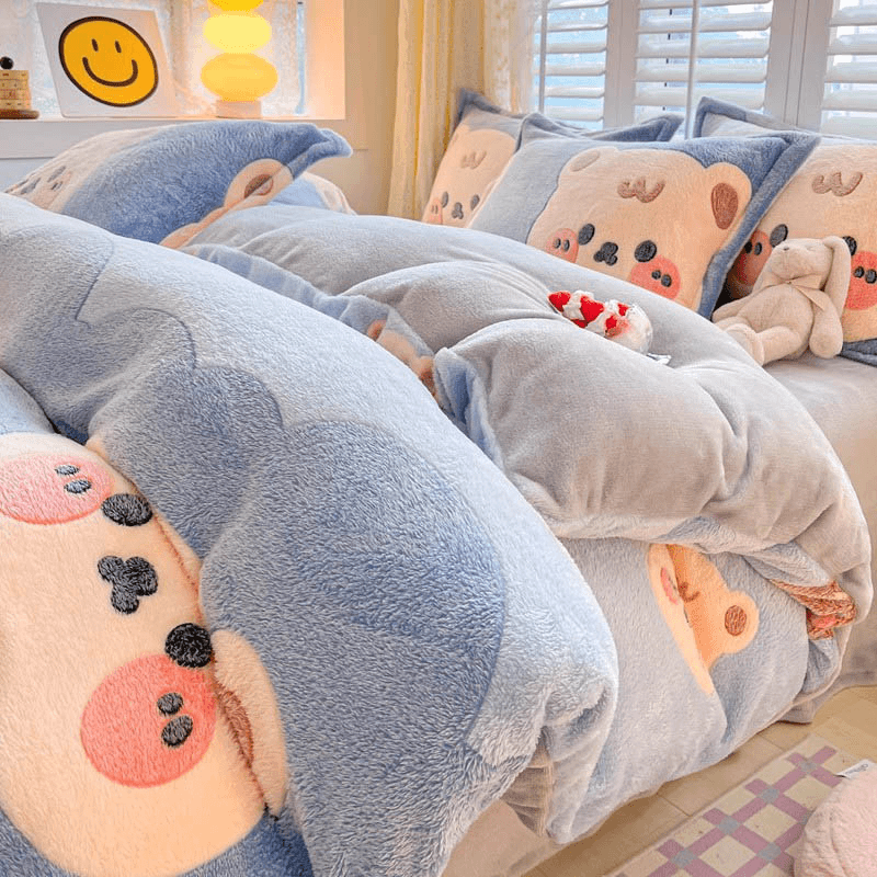 发财草 珊瑚牛奶绒床上四件套冬季加厚双面加绒被套床品法兰绒床单床笠三