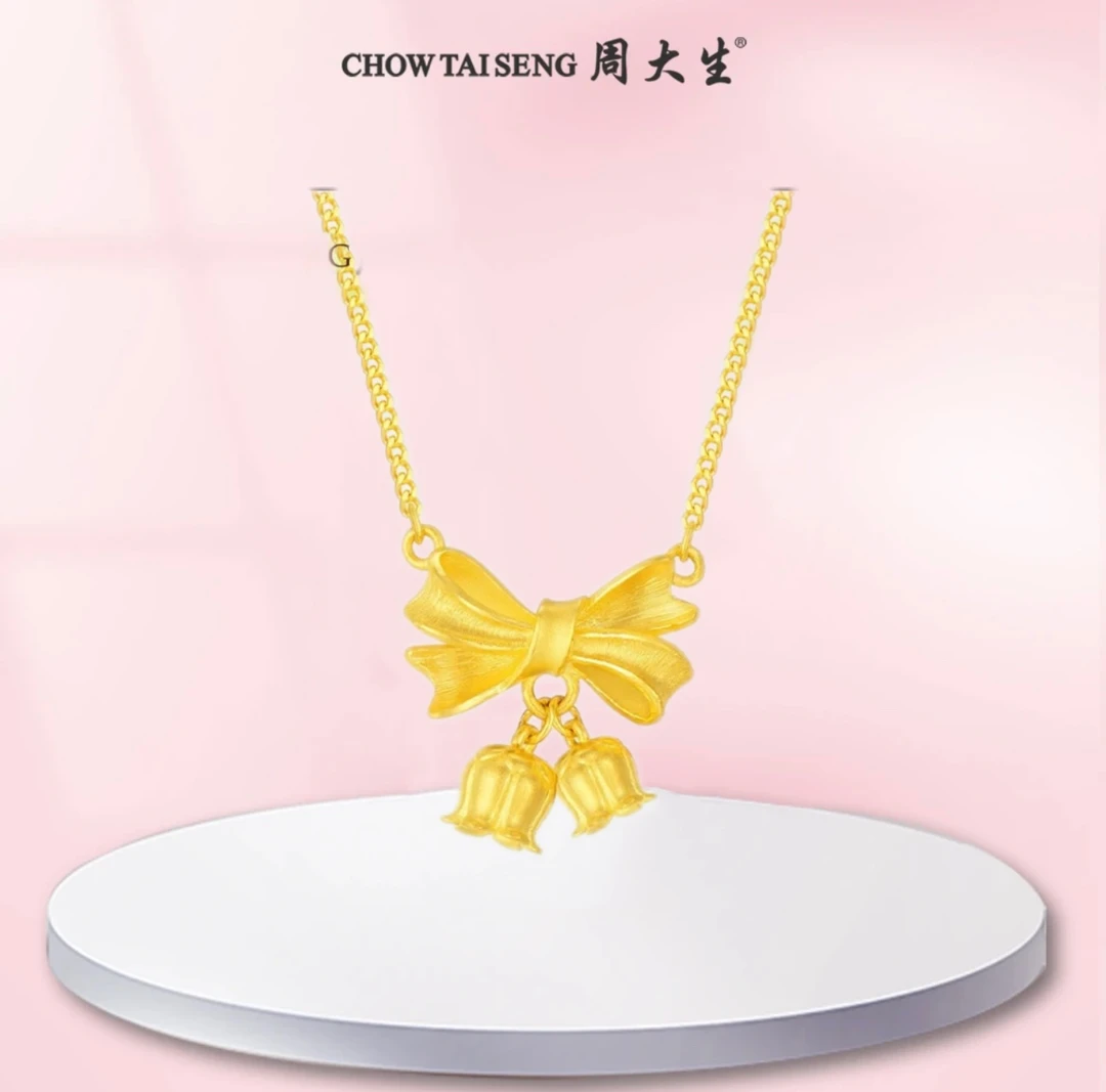 【周大生】足金铃兰花黄金蝴蝶结项链女款五金女孩百搭甜美坠链时尚