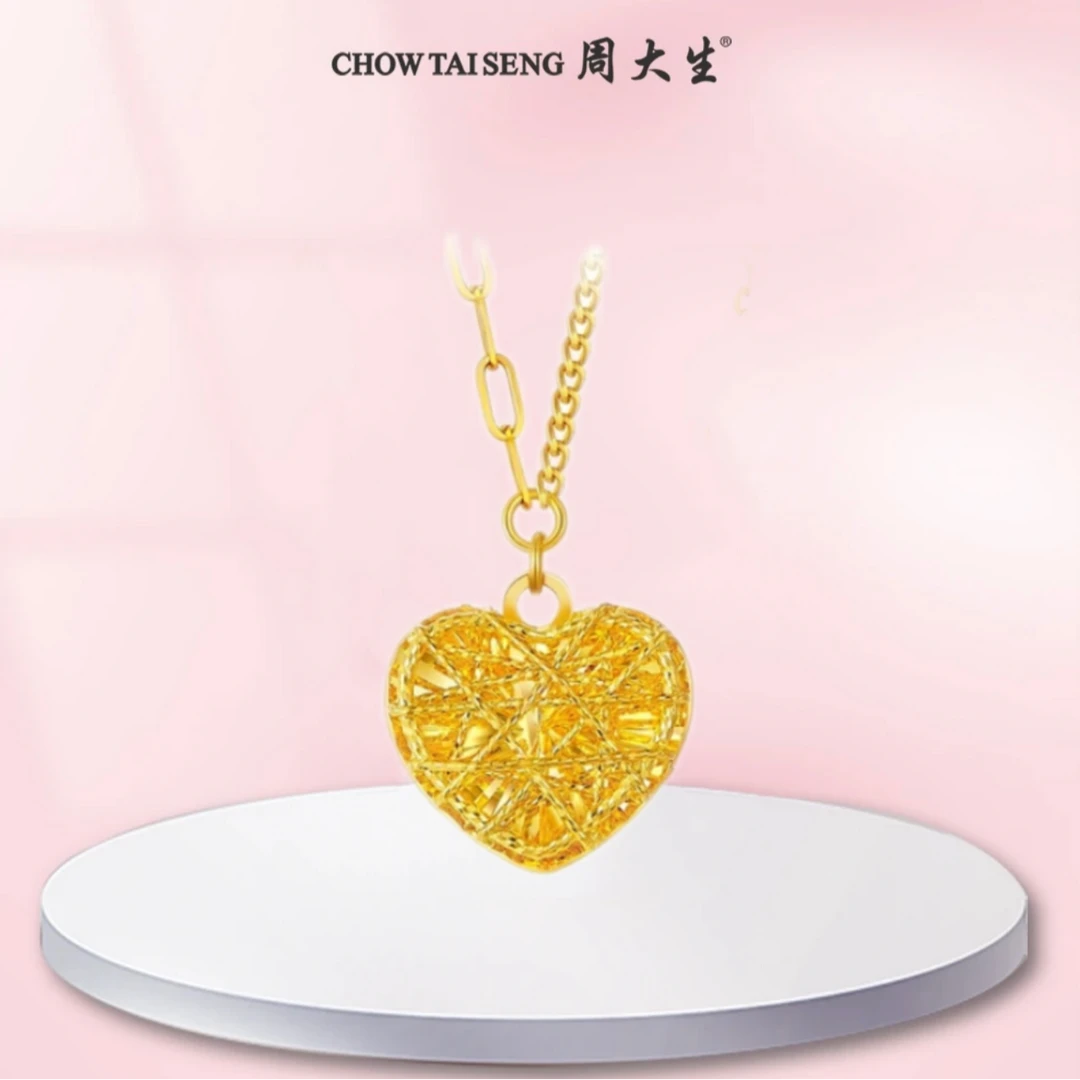 【周大生】足金拉丝爱心小方糖项链正品5G工艺情人节七夕礼物百搭