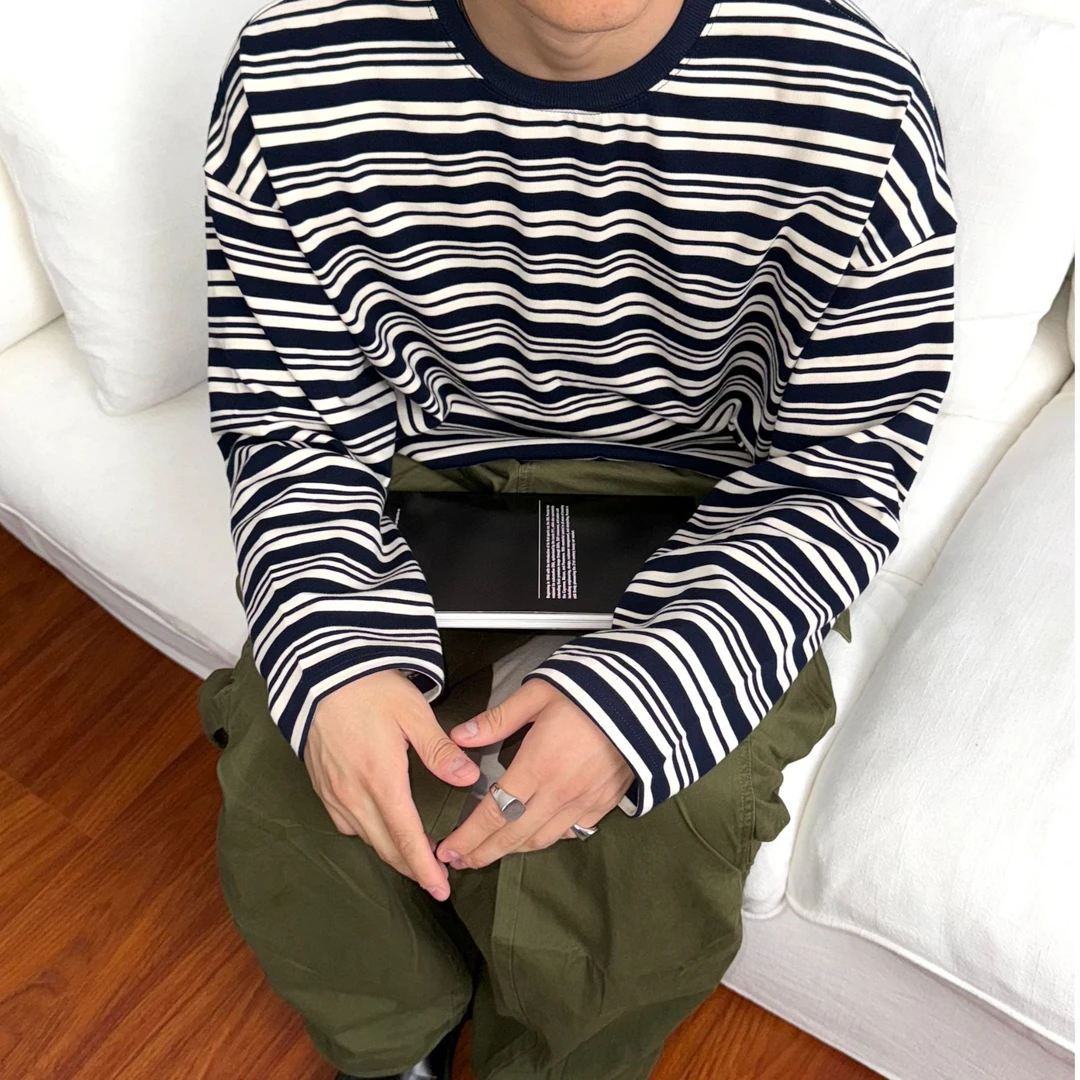 Baits蓝白条纹纯棉长袖圆领T秋冬休闲韩版打底衫针织百搭上衣时尚