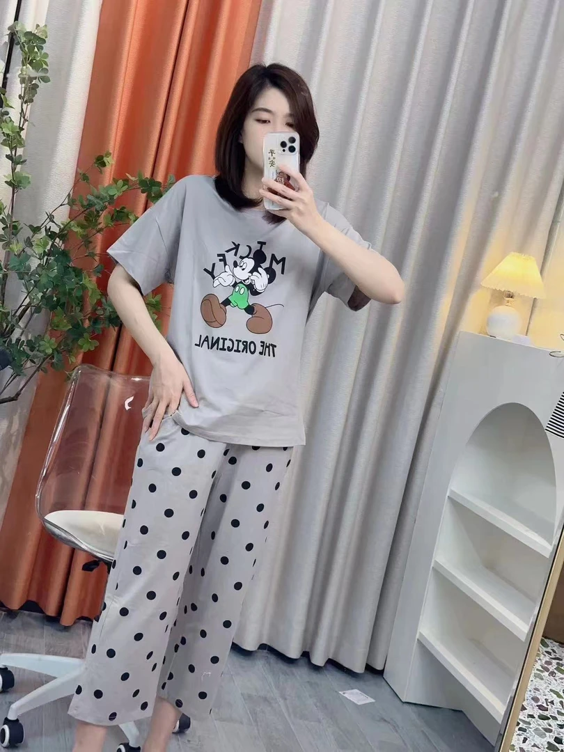 夏季爽棉睡衣家居服大码时尚休闲薄款宽松印花减龄卡通韩版可外穿