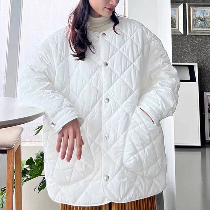 新款冬季时尚菱形百搭圆领宽松保暖新雪丽棉衣服女通勤5400730