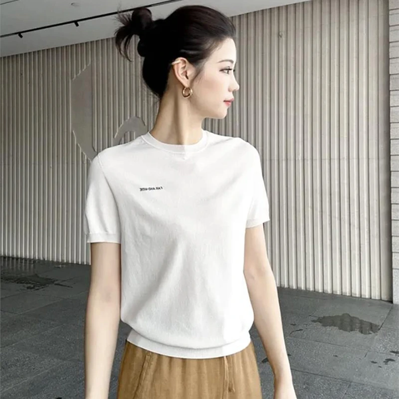 商场同款2025春夏新款简约字母logo冰丝短袖针织衫上衣女5399731