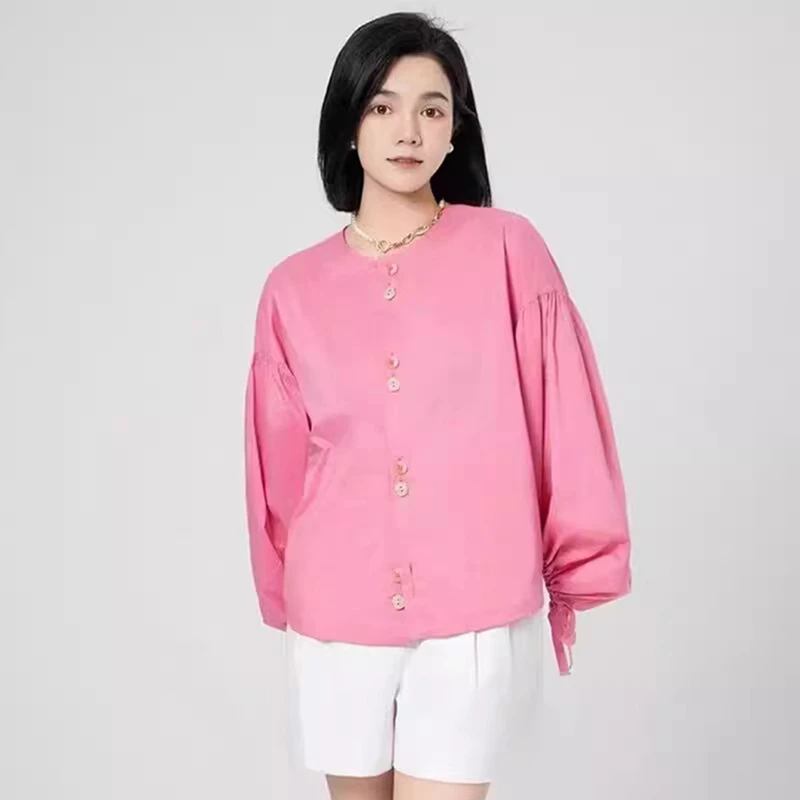 商场同款2025秋季新款女装宽松圆领系带灯笼长袖衬衫上衣5301005