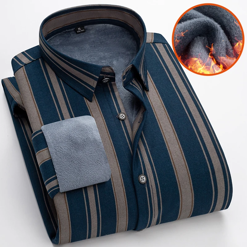 高档保暖衬衫男加绒加厚商务休闲中老年长袖条纹棉爸爸装打底衬衣