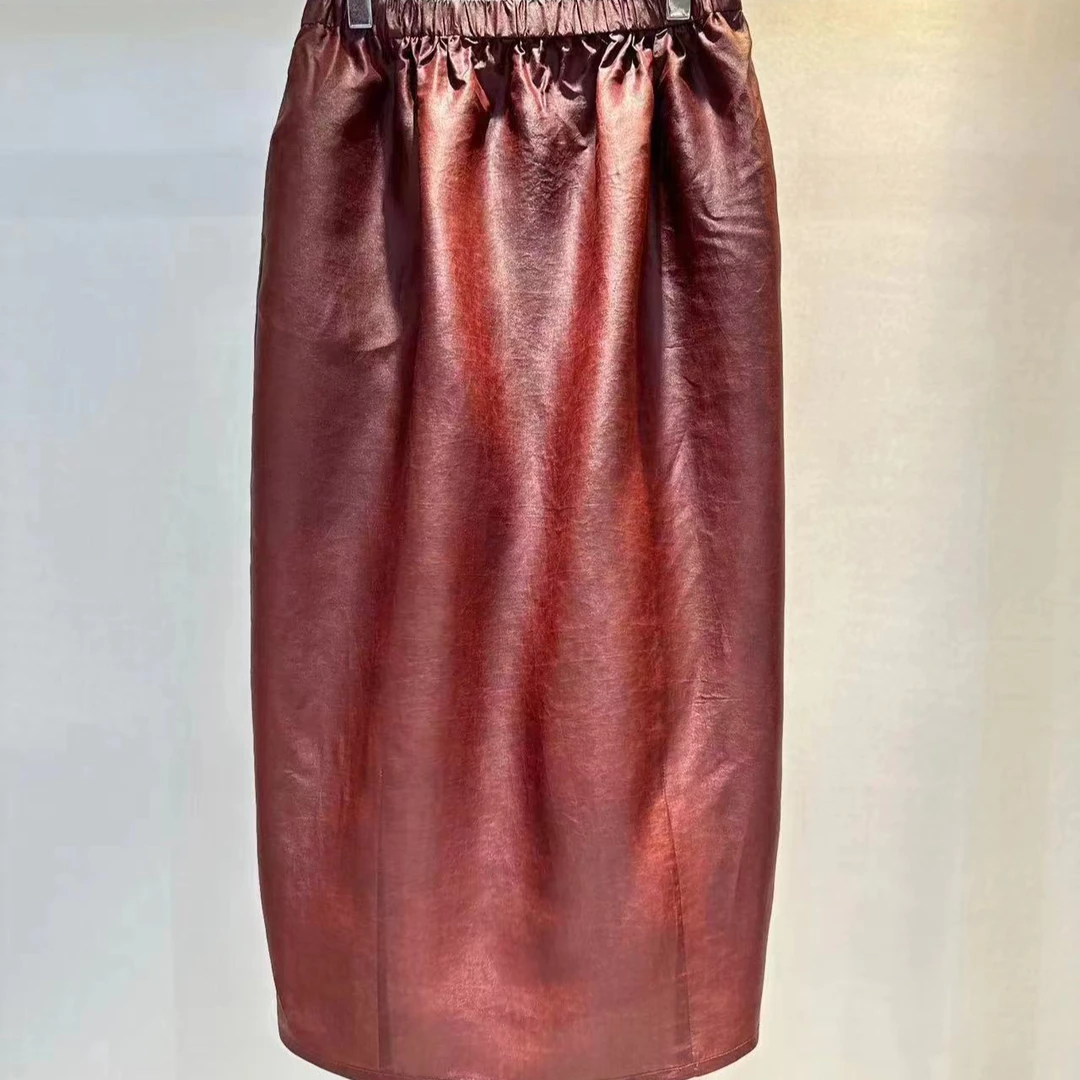 D家3115桑蚕丝红色网红花苞裙半身裙中长款皮裙百搭秋冬半裙高腰