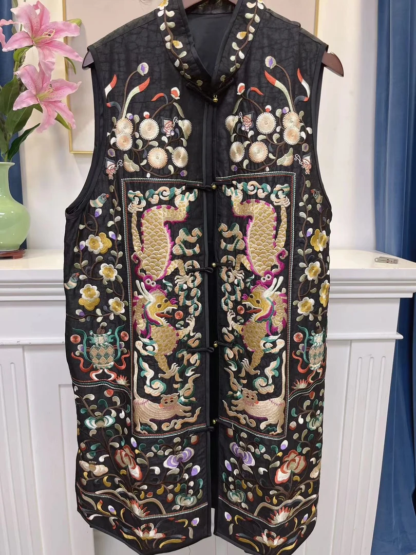 遇见天刺绣桑蚕丝马甲824131！新中式无袖长款马甲