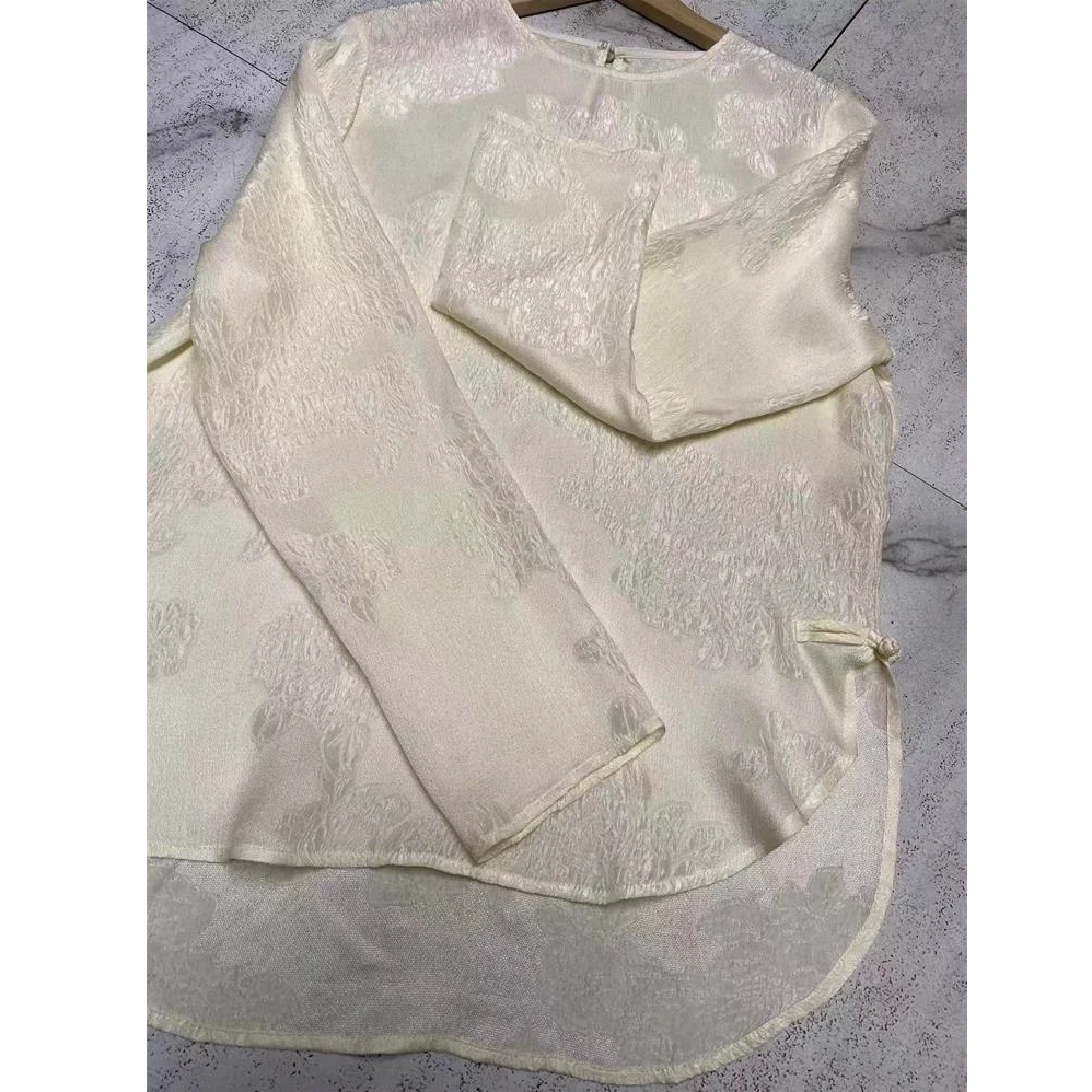 D水3197 新中式国风贵气桑蚕丝冠乐绉打底上衣百搭长袖衬衫