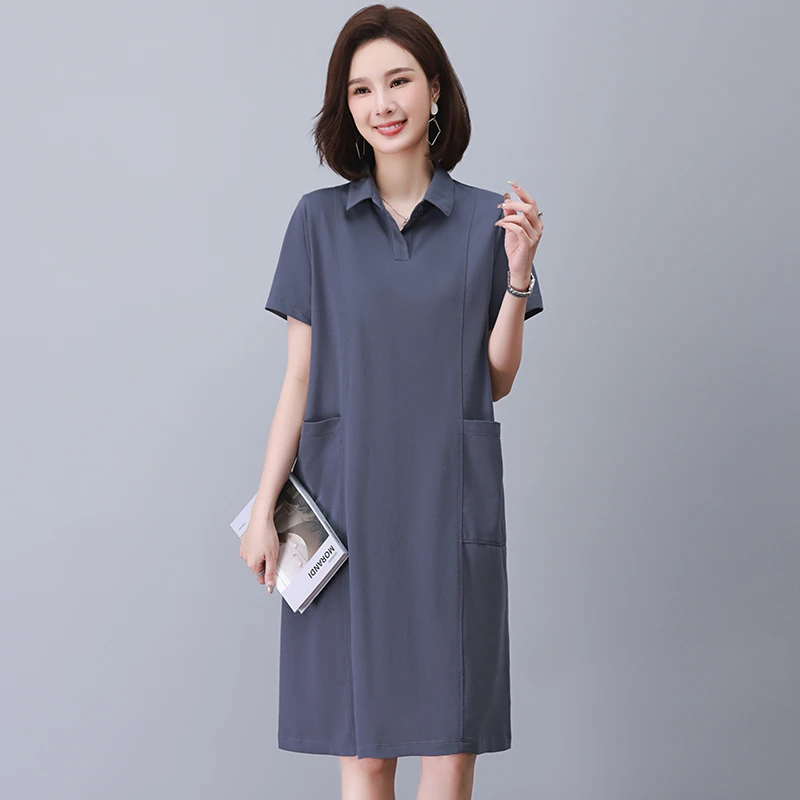 夏装新款短袖连衣裙女简约休闲A字裙时尚polo领中长衬衫裙