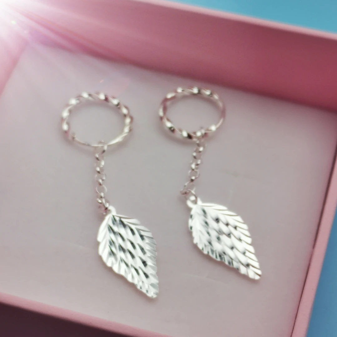 足银耳饰 足银气质百搭带圈精品时尚叶子长款耳坠