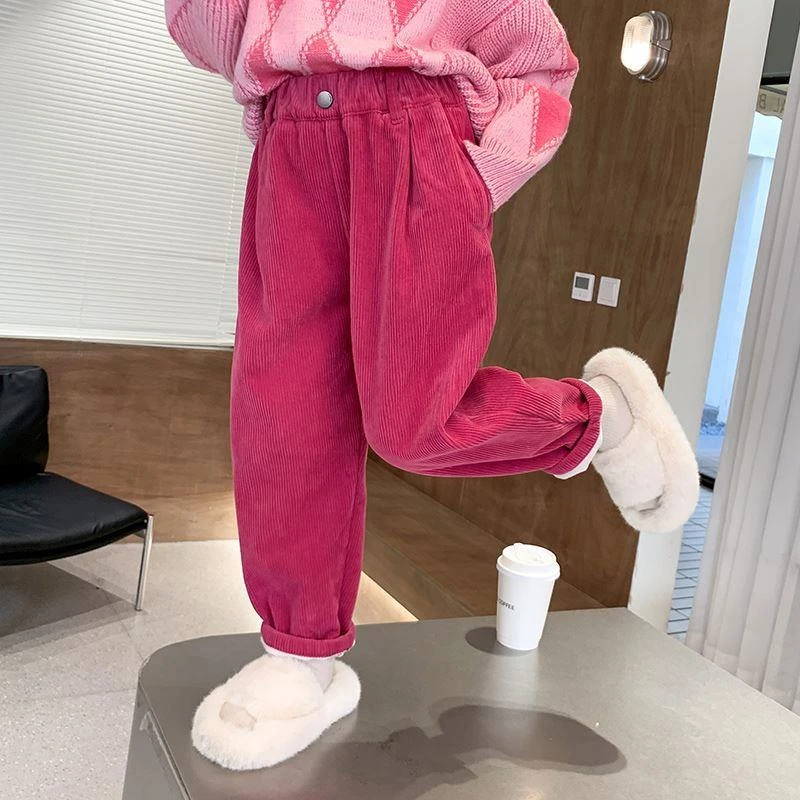女童加绒裤子冬季款2023新款洋气韩版儿童冬装加厚灯芯绒休闲裤