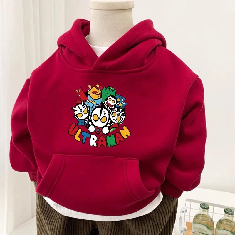 儿童2024冬季红色洋气时髦宝宝一体绒童装冬装加绒卫衣男童秋冬