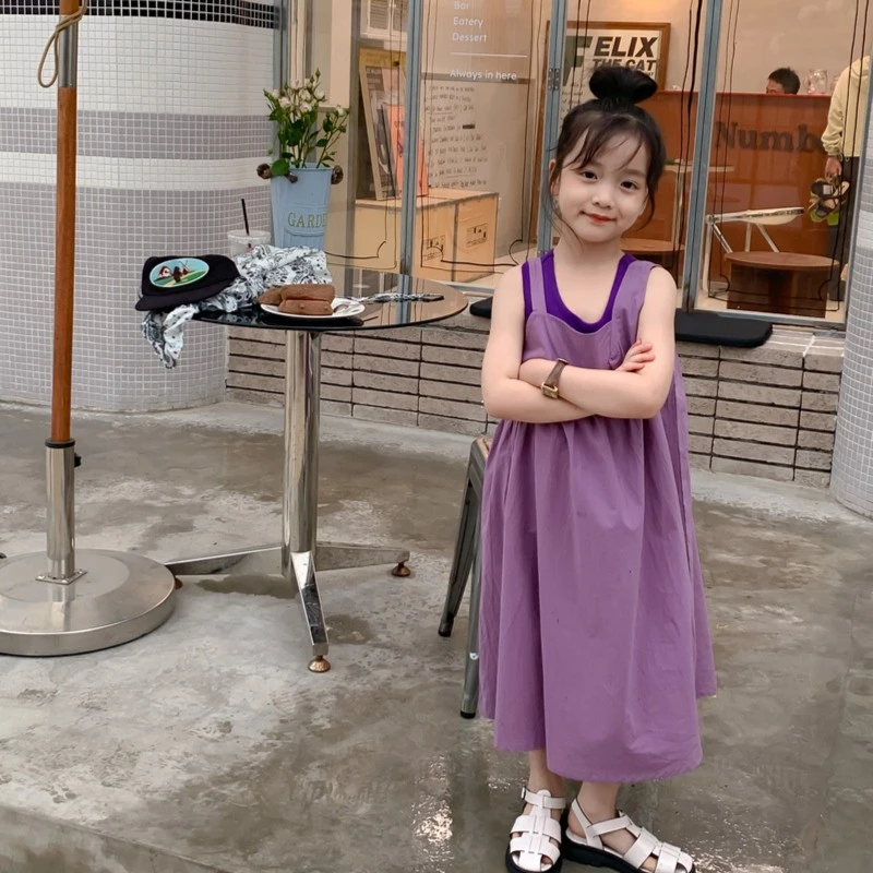 童裙2024夏款女童韩版森系吊带连衣裙儿童紫色背心吊带两件套裙