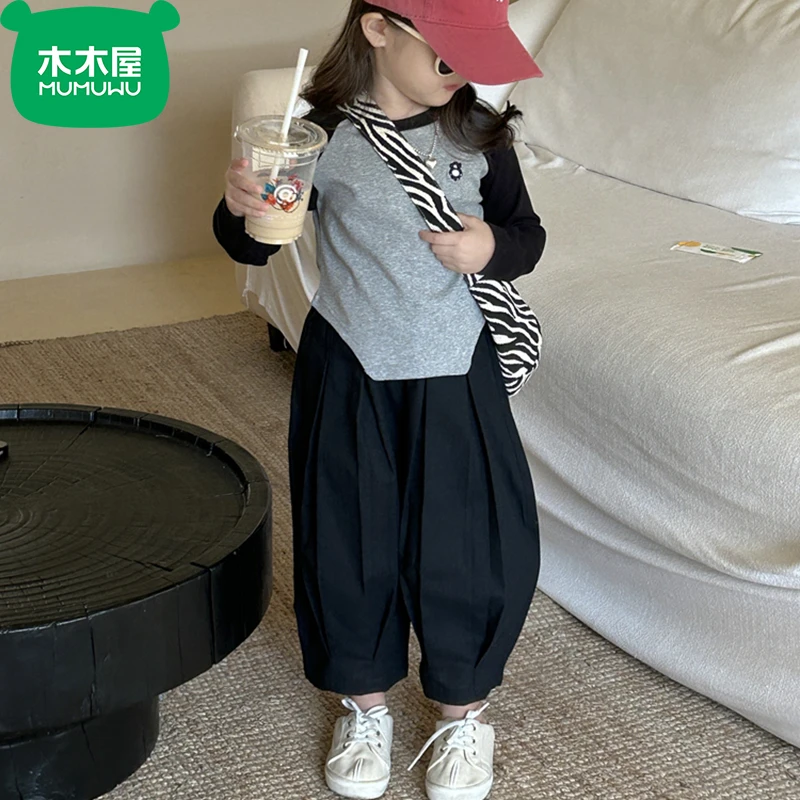 木木屋女童套装秋季中小童洋气百搭不规则修身插肩袖黑色休闲裤