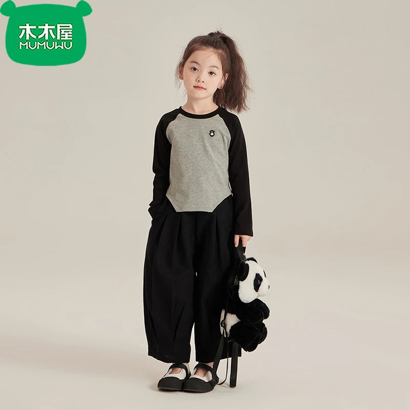 木木屋儿童韩版套装秋款女童洋气不规则修身插肩袖T恤黑色南瓜裤