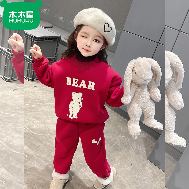 木木屋韩系童装2023秋冬新款套装女童运动套装儿童红色加绒卫衣裤
