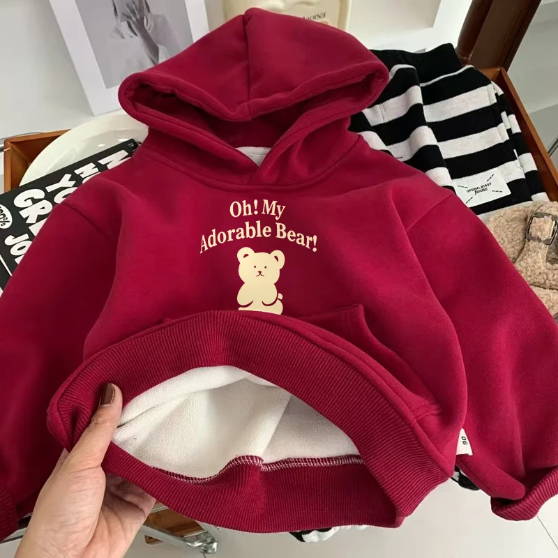 木木屋儿童连帽加绒酒红色卫衣2025新款新年红圣诞节保暖洋气外套