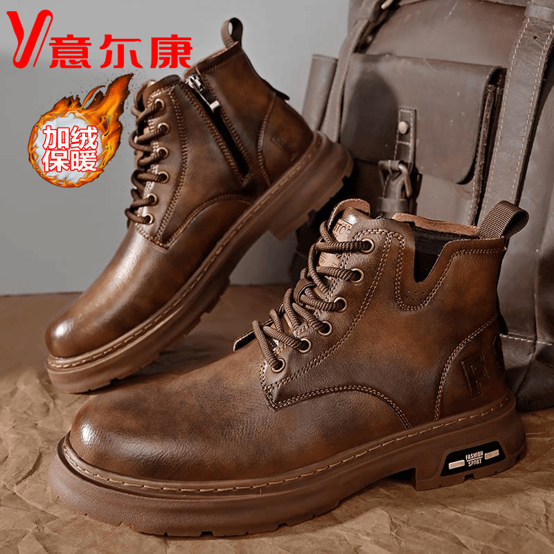 pyierkang/品意尔康 正马丁靴男款真皮加绒高帮皮鞋男士英伦风复古中帮皮靴冬