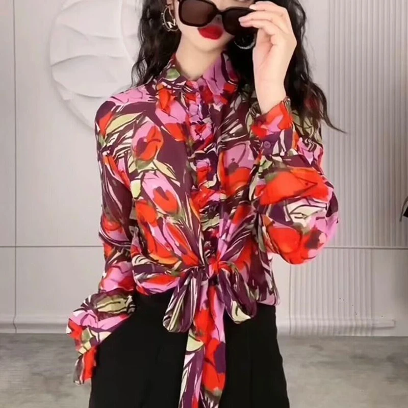 商场同款女装夏新款时尚百搭气质碎花系带防晒长袖衬衫女5300285