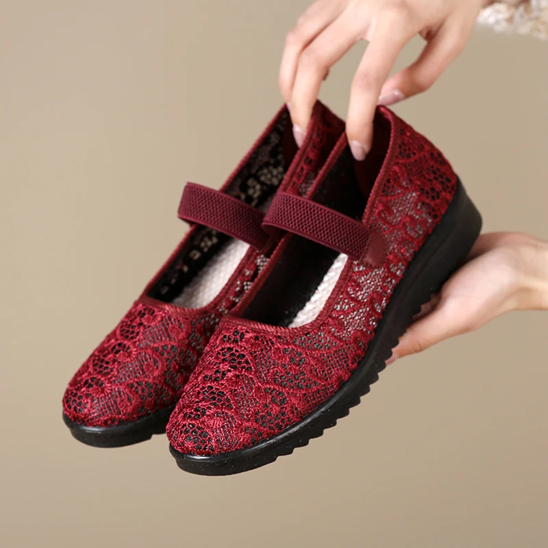 夏季新款透气网面鞋老北京布鞋女士一脚蹬中老年软底防滑女妈妈鞋