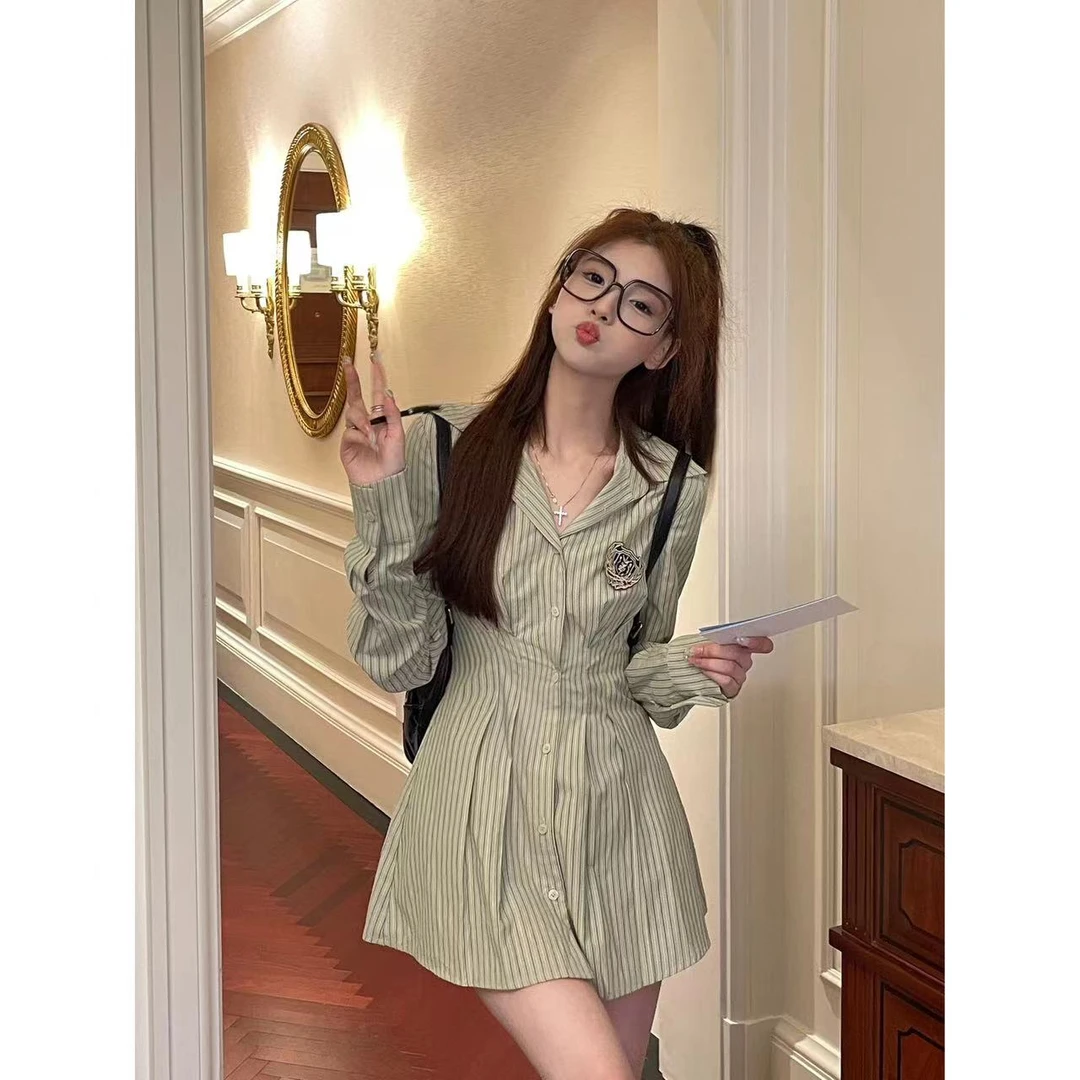 77 “莉莉安” 少女学院风收腰显瘦条纹衬衫裙+短裤热裤套装