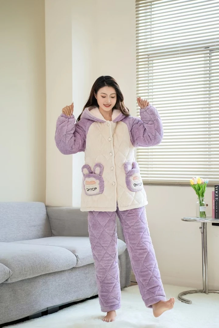 秋冬连帽加绒加厚保暖睡衣女冬季套装新款家居服冬款8090三层