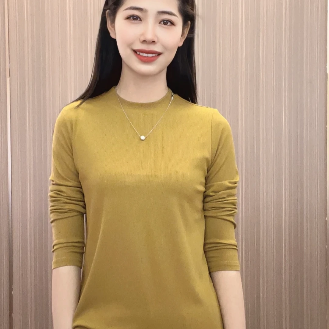 春季时尚休闲百搭纯色立领简约显瘦女士长袖t恤薄款洋气打底衫