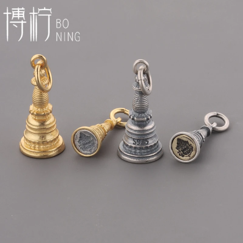 博柠 925银银制品 手工黄财神擦擦佛塔吊坠挂件侧挂文玩手串配饰