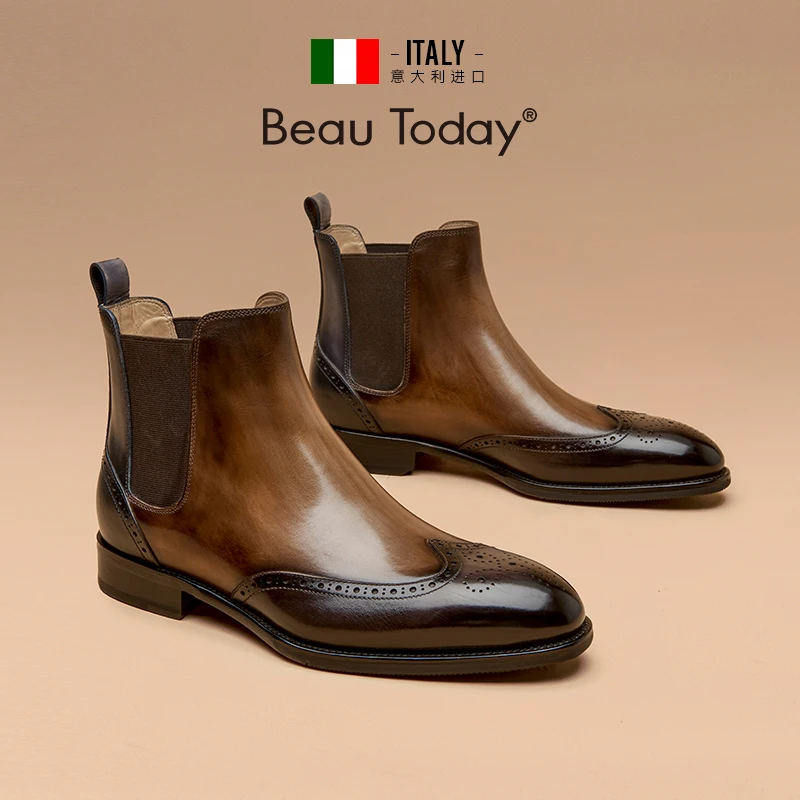 BeauToday【进口小牛皮】切尔西靴男款布洛克雕花真皮胎牛皮英伦风
