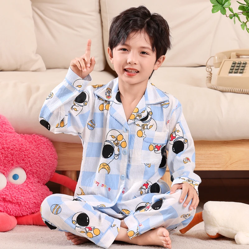 儿童睡衣春秋薄款男童长袖棉质卡通男孩2024新款中大童家居服套装